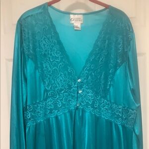 Teal color satin and lace long sleeve robe with nightgown.
